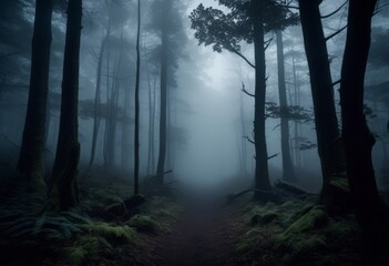 Fototapeta premium eerie haunted forest adventure fog low light conditions captured fast lens high iso, spooky, lighting, mysterious, dark, shadowy, trees, creepy, mist, exploration