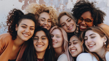 Fototapeta premium Multicultural group of beaming friends huddle together, radiating warmth and shared happiness.