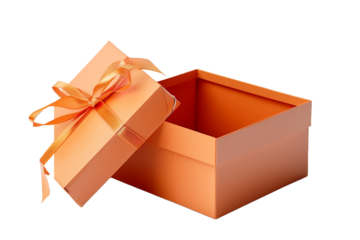 Open orange gift box isolated on transparent background