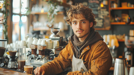 Fototapeta premium Handsome Caucasian barista young man with apron smiling and working in coffee shop and preparing coffee in cafe