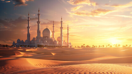 Sunset casting a golden hue over a majestic desert mosque.