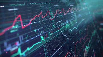 Futuristic financial charts overlay on dark digital background.