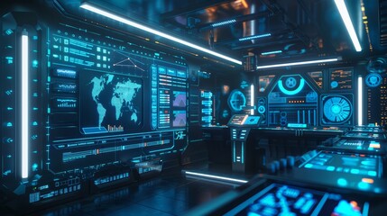 Futuristic control room with multiple digital screens displaying world maps and data, illuminated by blue LED lights, modern technology concept.