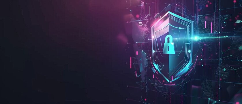Futuristic cybersecurity concept with a glowing shield and lock symbol, representing digital security against data breaches and cyber attacks.