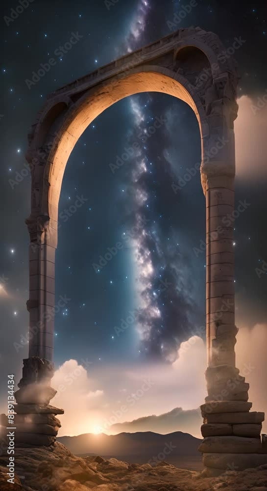 Poster a large archway is shown in the sky with stars and clouds the archway is surrounded by rocks and he 