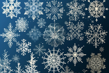 A blue background with many snowflakes scattered around. The snowflakes are of various sizes and shapes, and they are all white. Concept of winter and the beauty of snow