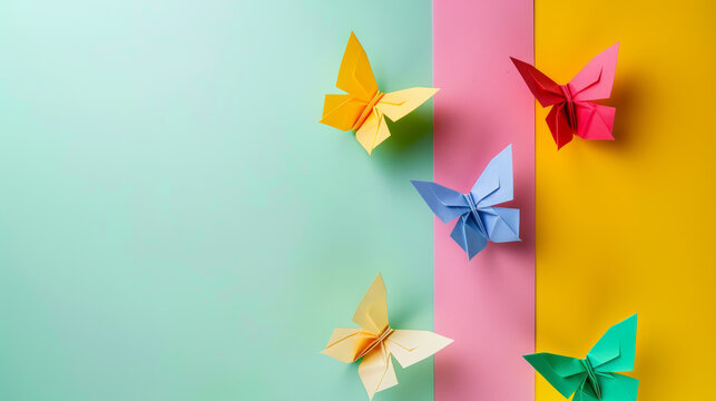 Vibrant origami butterflies on a multicolored paneled backdrop.
