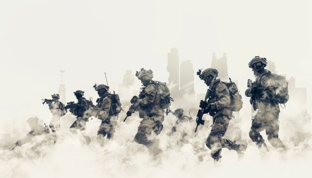 Silhouetted soldiers marching through a smoky, battlefield-like setting.