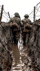 Two soldiers walking through a muddy trench on a battlefield, depicting historical wartime conditions with barbed wire and military uniforms.