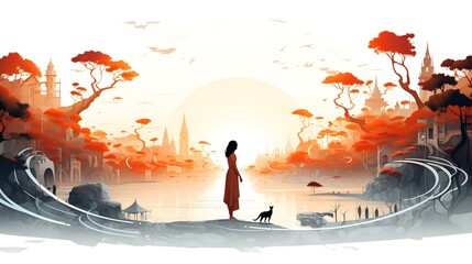 A woman stands on a hill, gazing at a cityscape below.