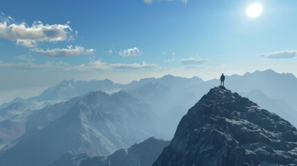 Lone figure silhouetted against a vast mountainous landscape at sunset.
