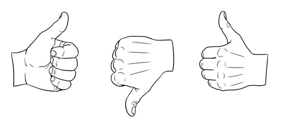 Drawing of Hand gesture and sign language. Thumb up and thumb down.