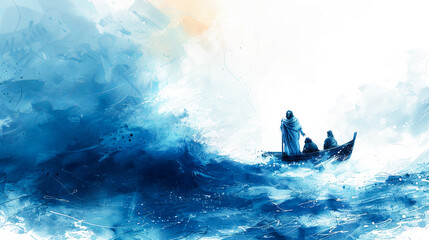 Digital watercolor painting of Jesus Watercolor painting, Jesus calming a stormy sea, disciples watching in awe from a boat, dramatic clouds and waves, powerful and miraculous mood