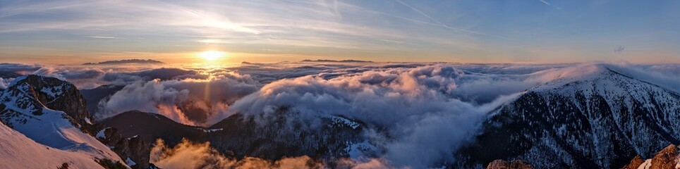 Epic sunrise in the winter mountains. Fantastic scenery in the Carpathian Mountains.