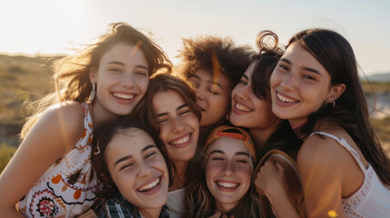 Obraz premium Carefree youth revel in the golden hour's glow, symbolizing the joy of friendship and shared moments.