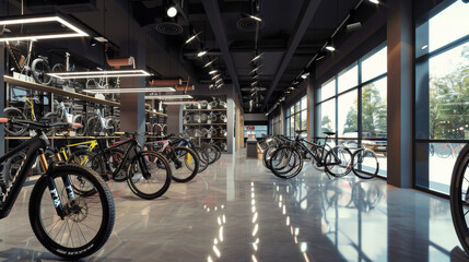 Modern bicycle store with an array of bikes and sleek design elements.