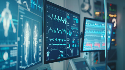 Detailed medical monitoring screens displaying critical vital signs and diagnostics in blue tones.