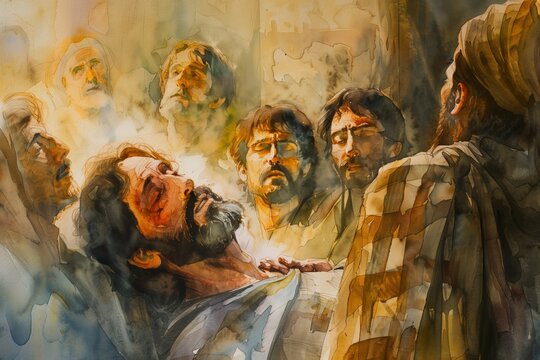 Miraculous Healing Scene: Compassionate Jesus, Grateful Paralytic, and Atmosphere of