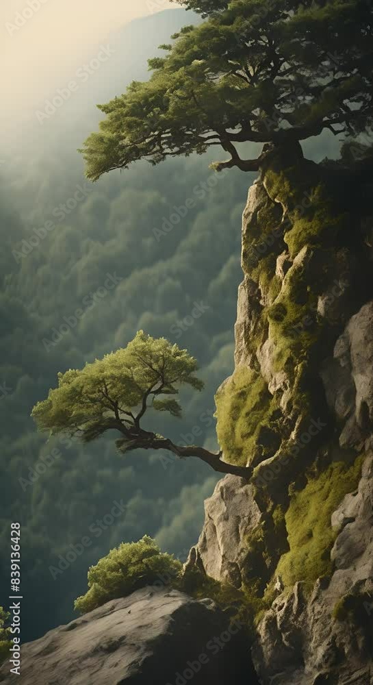 Poster a small tree is growing on a rocky cliff the tree is surrounded by moss and is the only sign of life