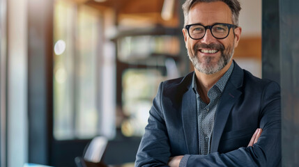 Fototapeta premium Confident businessman smiling warmly, embodying professional success and approachability.