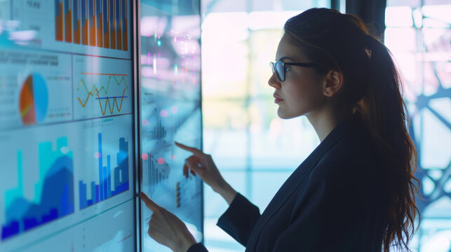 Confident professional examining data charts on touchscreen display, business analysis in action.
