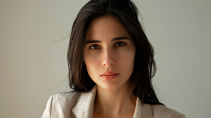 Fototapeta premium Serene beauty captured in a subtle gaze, as soft light accentuates delicate features.