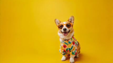 Closeup portrait of corgi dog in fashion sunglasses and swimsuit. Funny pet on bright yellow background with copy space. Summer, vacation, holiday concept. For banner, card, flyer, ads.
