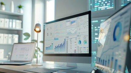 Dual monitor office setup displaying vibrant data analytics.