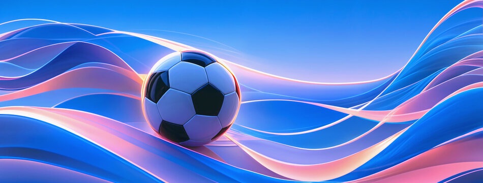 Neon colorful banner with soccer ball on wavy abstract background with copy space. For sports marketing, vintage posters, graphics, website banners, ads. Summer Olympic Games in France