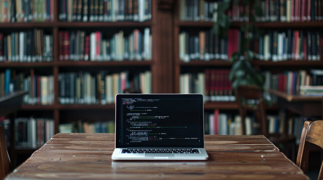 A laptop showcases code on-screen in a sanctuary of knowledge and learning.