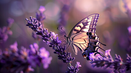 Naklejka premium A butterfly delicately perched on fragrant lavender illustrates the harmony of nature's beauty. This serene image evokes tranquility and the essence of a summer day.