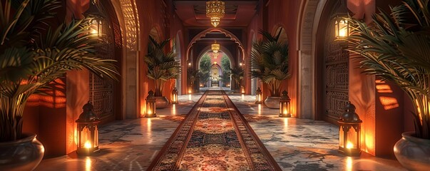 Obraz premium Marrakech Al Murray hotel corridor with lanterns, night time, high resolution, hyper realistic, super detailed, cinematic in the style of hyper realistic