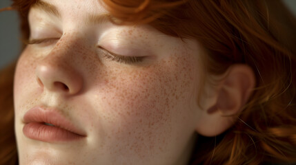Fototapeta premium A close up of the face and hair of an extremely beautiful young woman with red wavy medium length hair. She has freckles, her eyes closed in relaxation