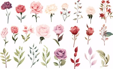 Elegant Watercolor Floral Clipart Collection in Burgundy and Pastel Colors - Vector Illustration for Wedding Design and Digital Art