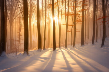 forest with snow in winter with dreamy light
