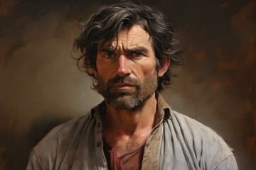 Fototapeta premium Digital painting of a man with a stubble and a deep, thoughtful look