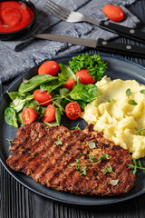 grilled pork steak with mashed potato and salad