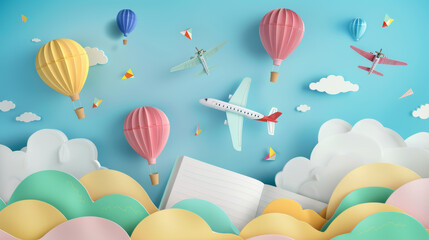 Tranquil paper art composition featuring serene hot air balloons and aircraft amid cotton clouds. - Powered by Adobe