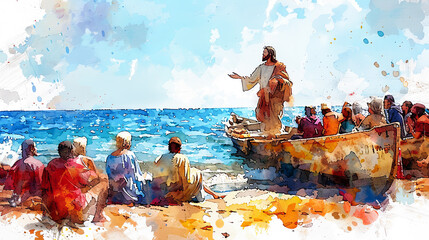 Digital watercolor painting of Jesus Watercolor painting, Jesus teaching a group of people from a boat near the shore, people sitting and listening attentively on the beach
