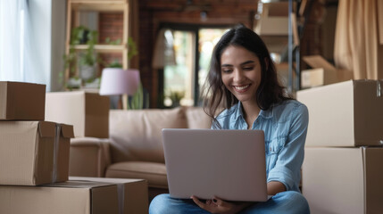 A woman smiles contentedly as she works from home, surrounded by packing boxes.