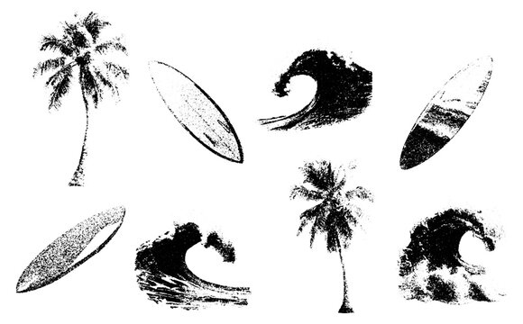 monochrome vector rockstar coconut palm tree wave ocean board surf summer in mezzotint photocopy effect, for grunge punk y2k collage design. elements. brutalist vintage illustration music poster.