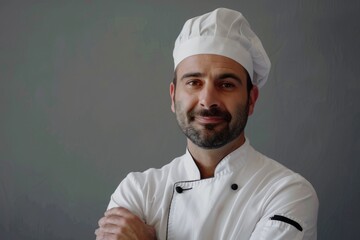 Naklejka premium Handsome chef posing against gray background