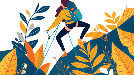 Young female hiker climbing mountainous terrain vibrant autumn foliage. Shes wearing yellow polkadot jacket, orange shoes, carrying blue backpack, engaged outdoor activity. Illustrated nature