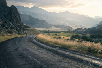 Fototapeta premium Road to the great mountain. Sunrise