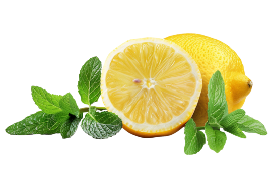 Lemon and mint isolated on transparent background