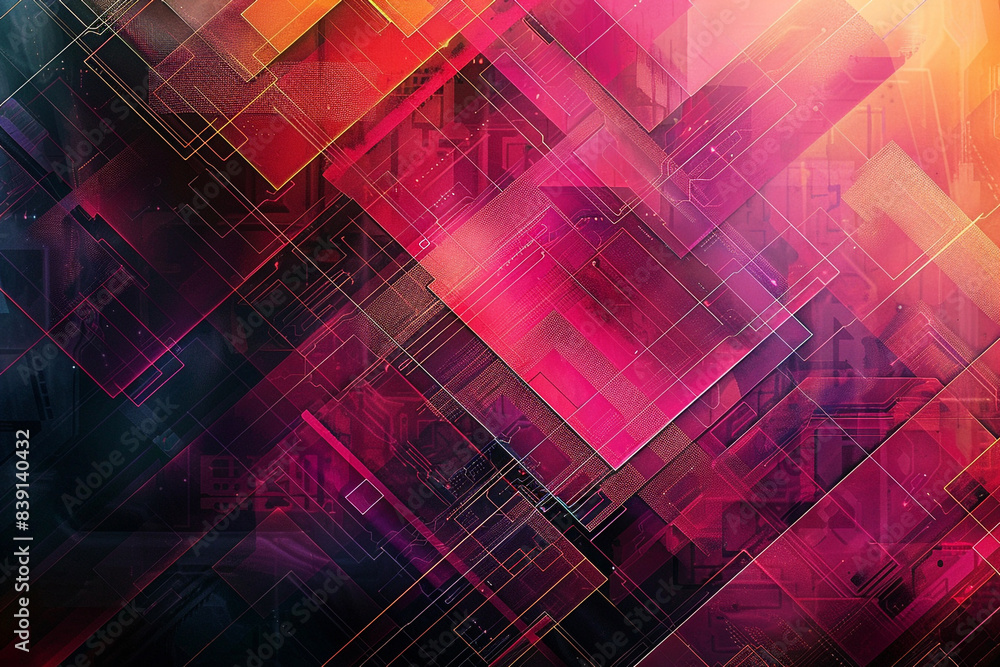 Wall mural An abstract rendition of geometric shapes against a digital backdrop, reminiscent of circuit boards and futuristic interfaces, illustrating the intersection of art and technology in the modern world. - Wall murals
