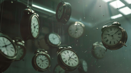 Time suspended in an ethereal mist, an array of vintage clocks float mysteriously in a dusky space.