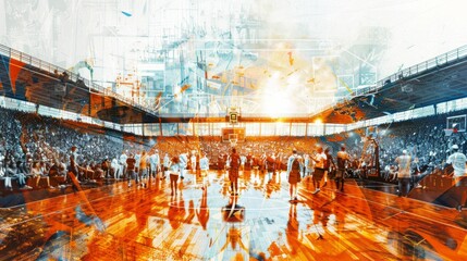 a double exposure an empty basketball court and a basketball stadium full of cheering fans 