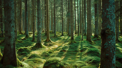 A dense pine forest in northern Europe, with tall trees and mosscovered ground, showcasing the natural beauty of an old growth woodland