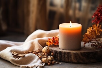 Candle lit inside the home, with autumn elements such as cinnamon or nuts.